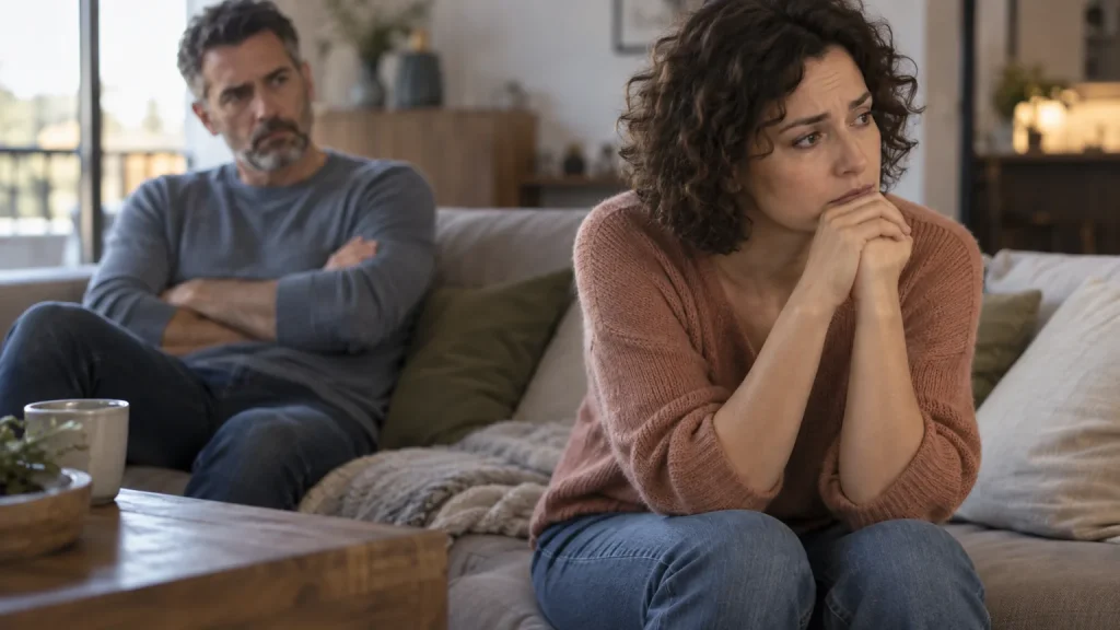 Femme en retrait et en doute face à son partenaire, illustrant une situation d’emprise émotionnelle dans le couple