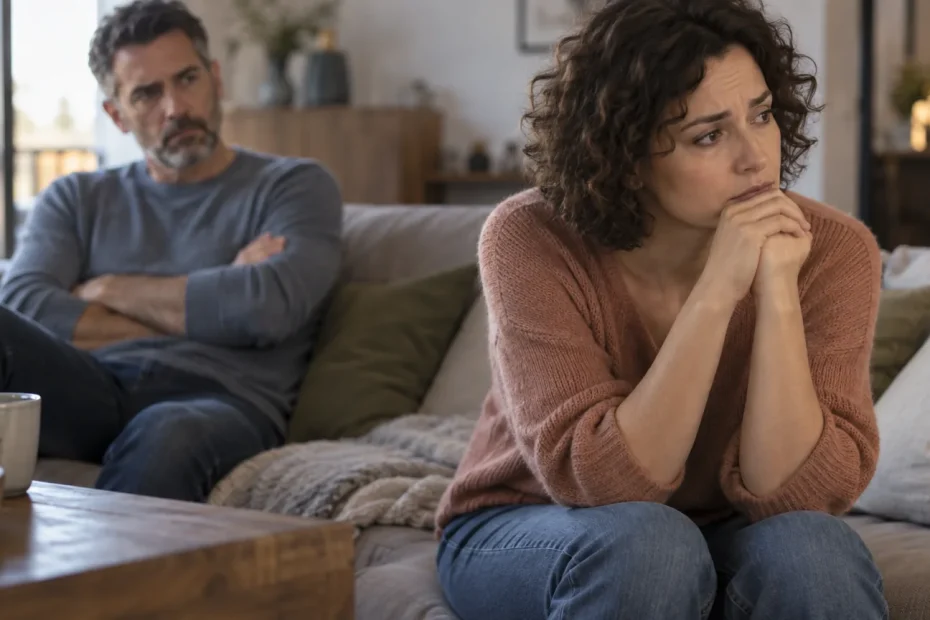 Femme en retrait et en doute face à son partenaire, illustrant une situation d’emprise émotionnelle dans le couple