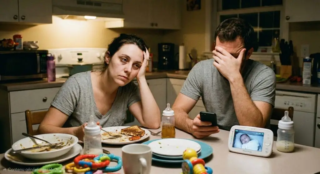 Photo d'un couple épuisé assis à une table de cuisine en désordre le soir, illustrant le burn-out parental et la distance émotionnelle. Un babyphone est posé devant eux.