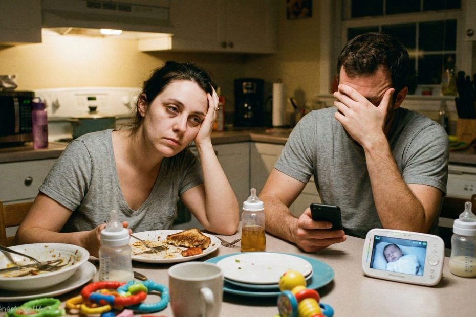 Photo d'un couple épuisé assis à une table de cuisine en désordre le soir, illustrant le burn-out parental et la distance émotionnelle. Un babyphone est posé devant eux.