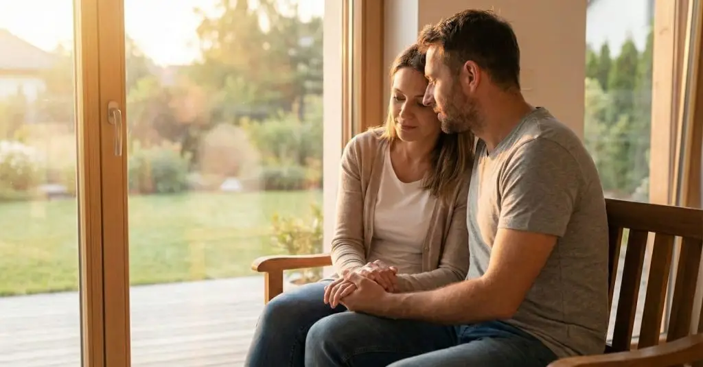 Couple assis sur un banc devant une baie vitrée au lever du soleil, se tenant la main calmement, illustrant l'espoir et la co-régulation après un burn-out parental.