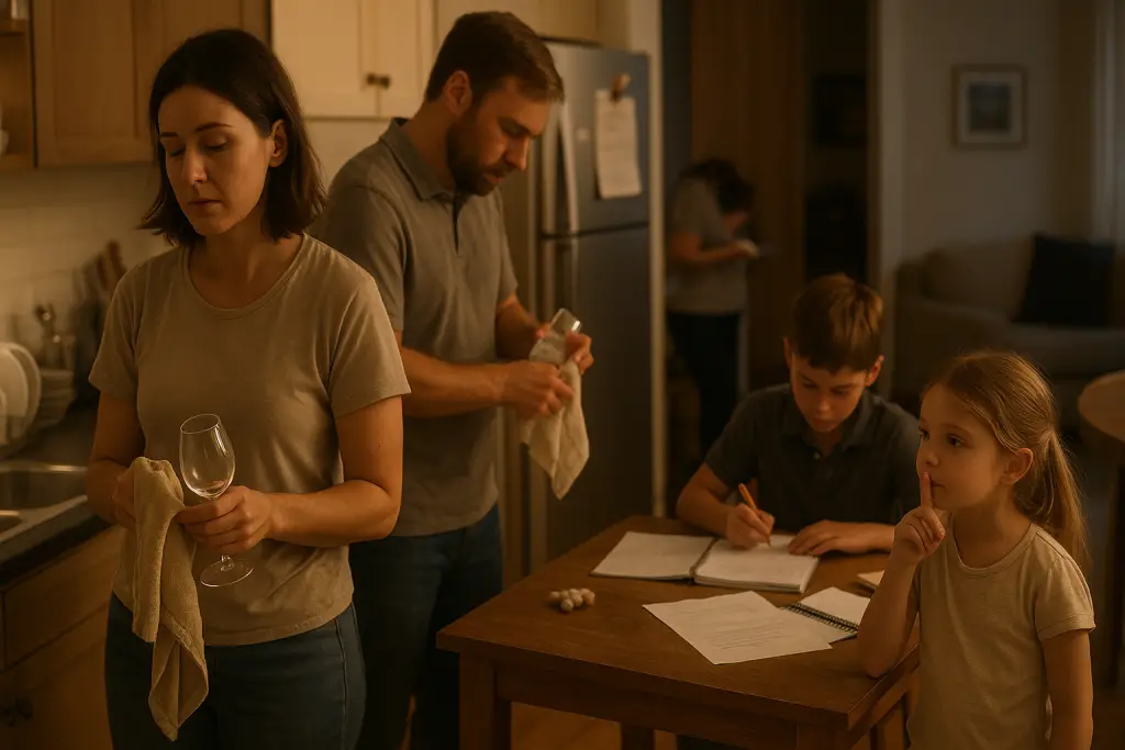 Charge mentale parentale - le soir, un parent essuie des verres, l’autre les repasse derrière parce que la matière du torchon utilisé ne lui convenait pas; enfants calmes. Micro-frictions d’habitudes qui usent le couple.