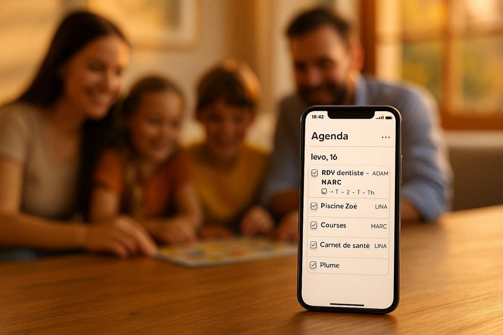 Téléphone devenu allié: l’agenda partagé répartit les tâches et allège la charge mentale; famille souriante derrière.