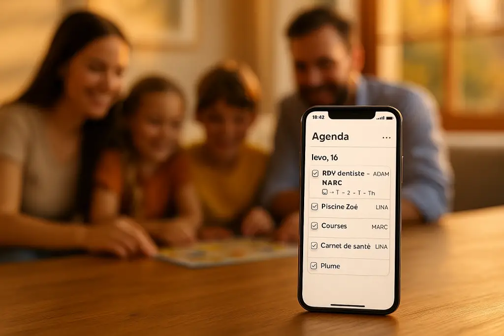 Téléphone devenu allié: l’agenda partagé répartit les tâches et allège la charge mentale; famille souriante derrière.