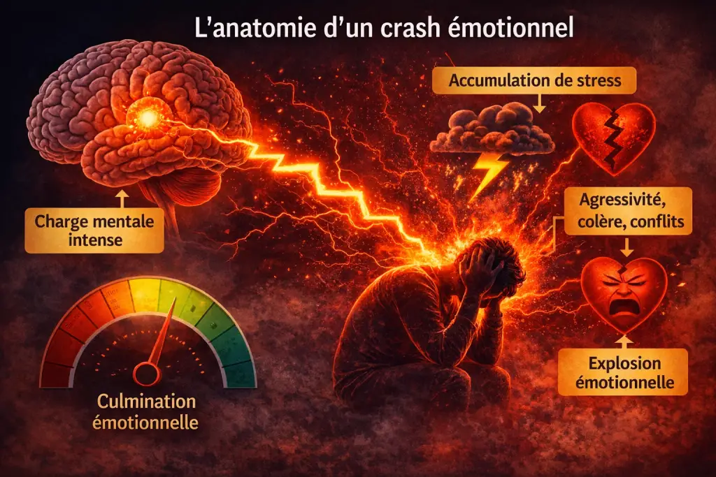 Schéma illustrant l’anatomie d’un crash émotionnel dans le couple : surcharge mentale, fatigue accumulée, activation du système nerveux, perte de régulation émotionnelle et déclenchement des conflits à répétition.