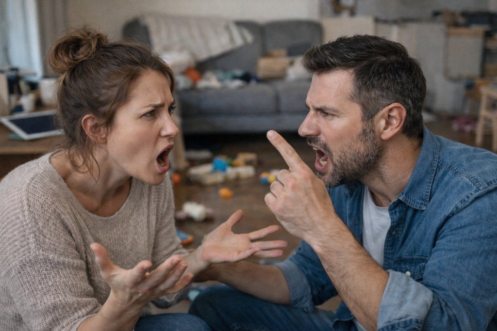 Couple en tension dans le quotidien : une discussion banale déclenche une dispute à répétition, illustrant la fatigue, la charge mentale et les difficultés de communication au sein du couple.