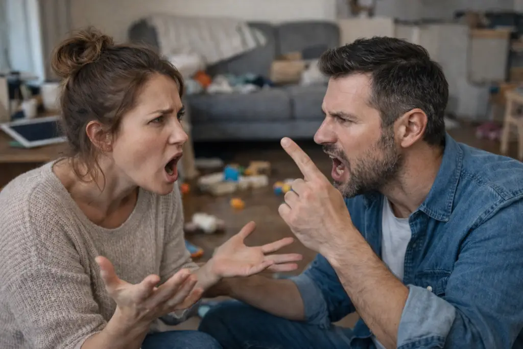 Couple en tension dans le quotidien : une discussion banale déclenche une dispute à répétition, illustrant la fatigue, la charge mentale et les difficultés de communication au sein du couple.