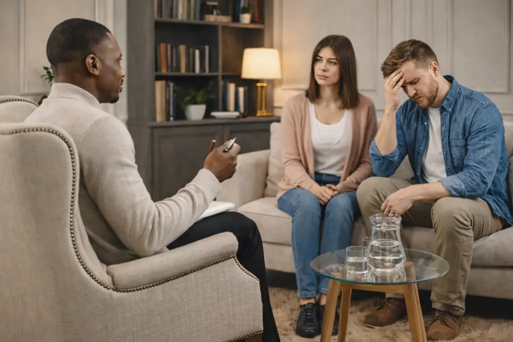 Couple en thérapie de couple avec un thérapeute, cherchant à mieux communiquer et à sortir des disputes de couple à répétition liées à la fatigue et aux tensions du quotidien.