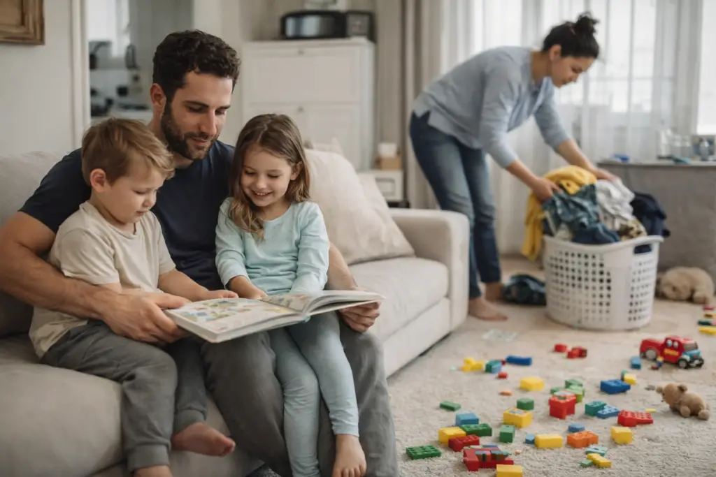 Père présent avec ses enfants pendant que la mère assume la charge mentale et domestique invisible, illustrant un déséquilibre fréquent dans la vie quotidienne du couple.