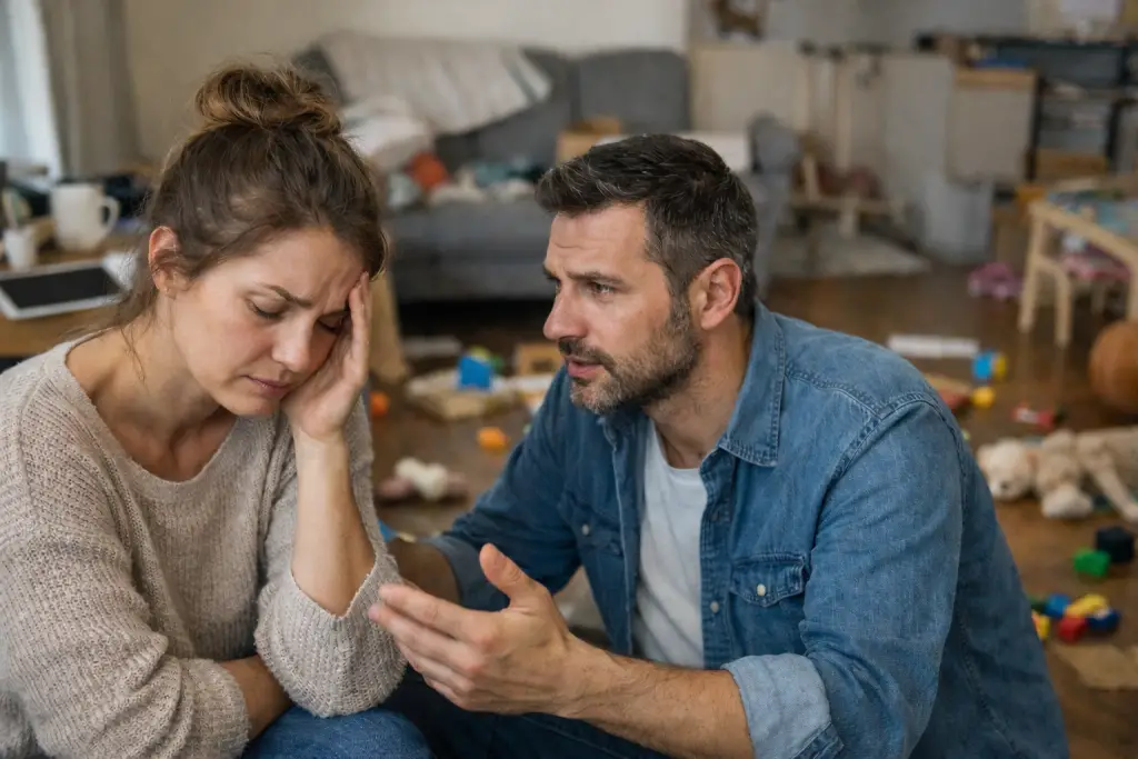 Couple échangeant dans un salon en désordre, la femme épuisée exprime sa fatigue pendant que l’homme tente d’écouter, illustrant comment la communication peut éviter des disputes de couple à répétition liées au quotidien.