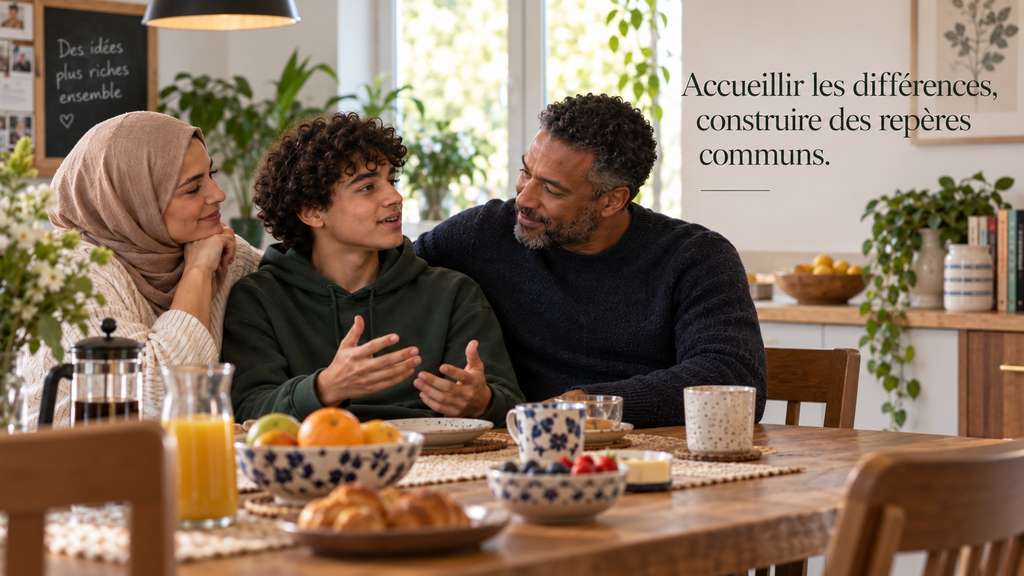 Famille échangeant autour d’une table, illustrant l’accueil des différences culturelles et la construction de repères communs.