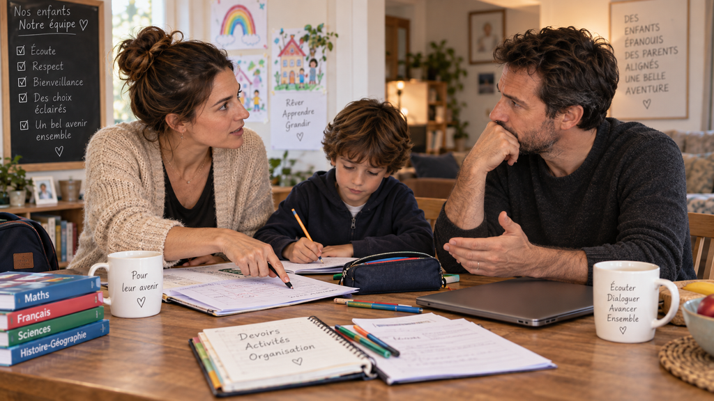 Parents en désaccord sur l’accompagnement des devoirs de leur enfant, illustrant les désaccords éducatifs dans le couple