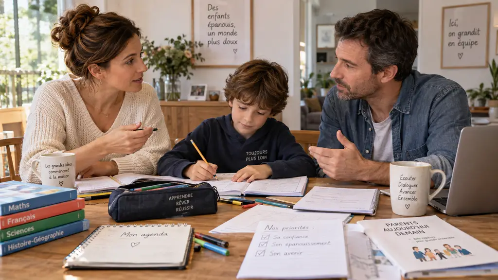Parents organisant la semaine familiale et les responsabilités éducatives avec leur enfant